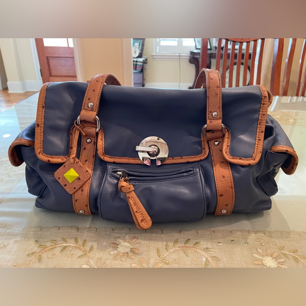 Donald J Pliner blue leather structured bag with tan trim